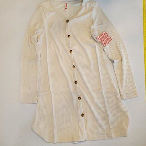 FabKIDS Girls White Ribbed Trapeze Long Sleeve Dress